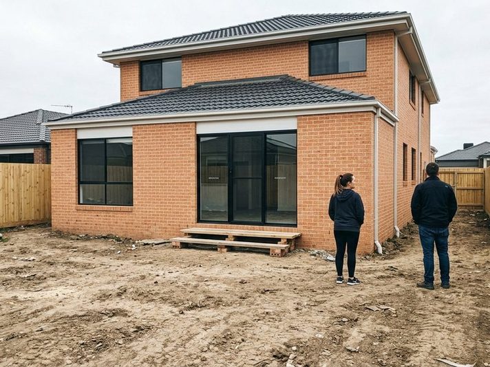 A couple in the bare dirt yard of their new build