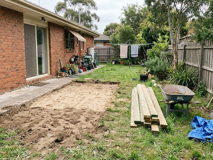 A back yard part way through a renovation with a bare patch left for a deck